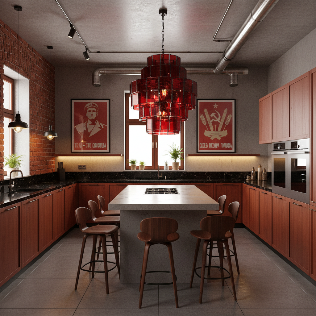 Generate a modern open integrated kitchen in Soviet style, featuring a predominantly red and black c - Interior design
