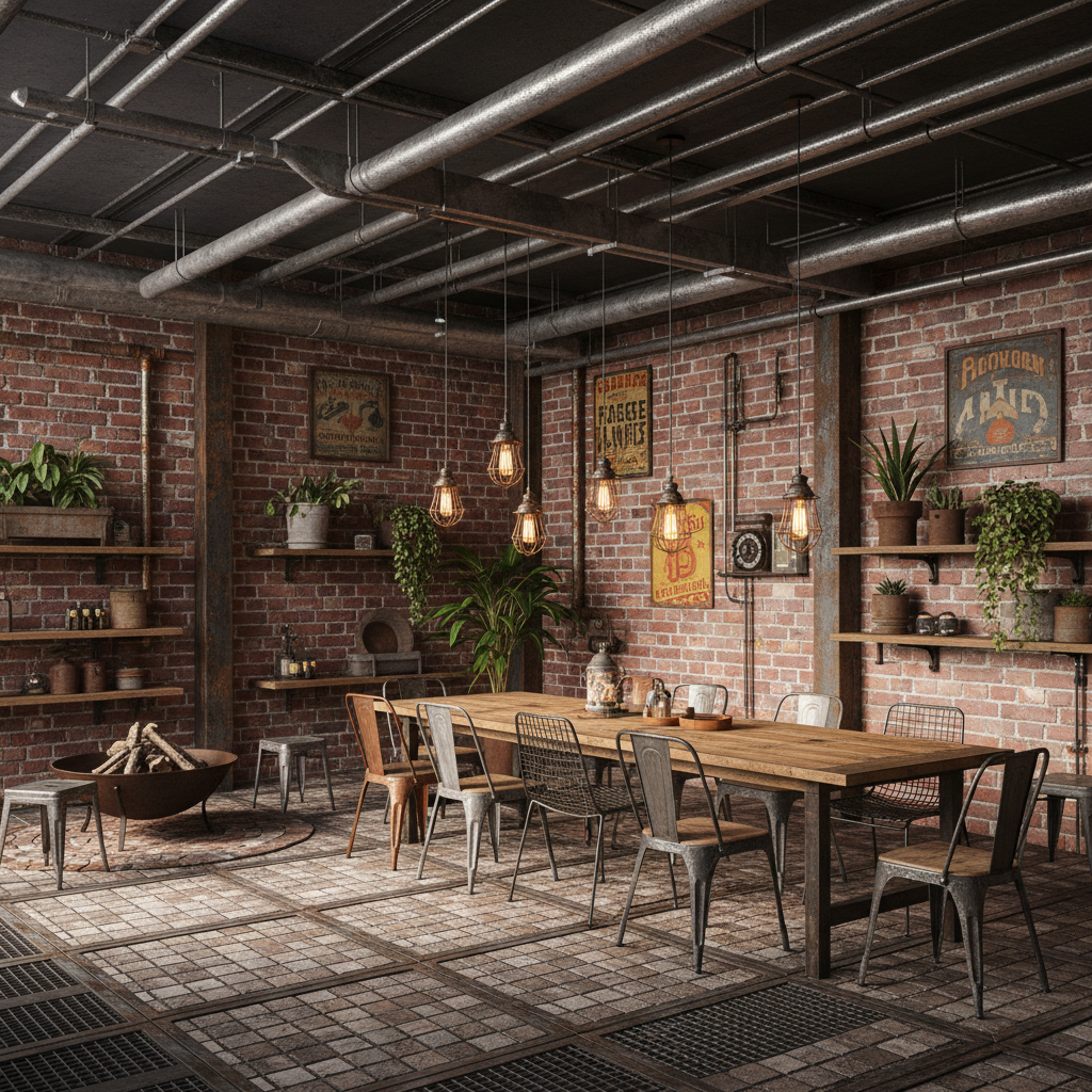 Design a terrace in an industrial style, incorporating exposed brick walls, metal beams, and reclaim - Terrace design