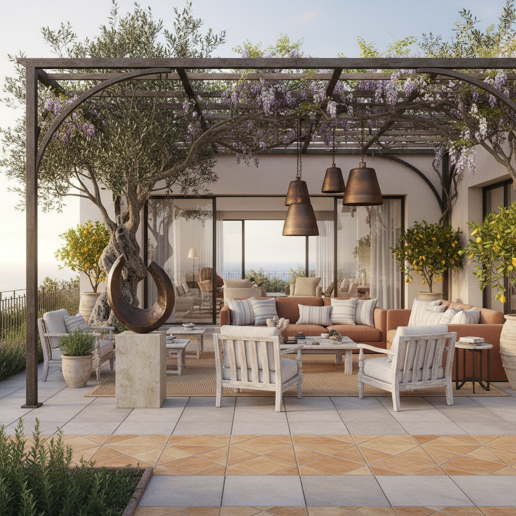 Design a contemporary Mediterranean-style terrace with a seamless integration of indoor and outdoor  - Terrace design