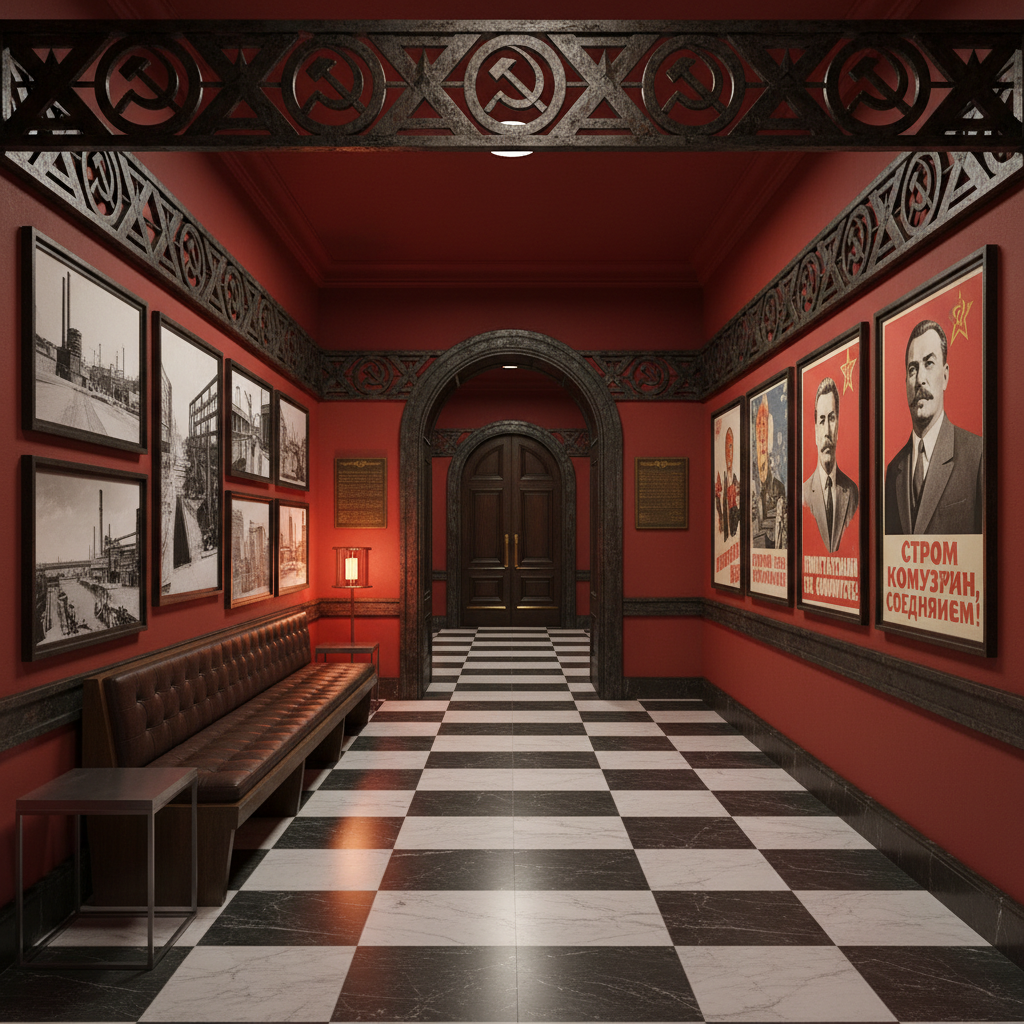 Design a Soviet-style hallway with a dramatic, imposing atmosphere, featuring bold geometric pattern - Interior design