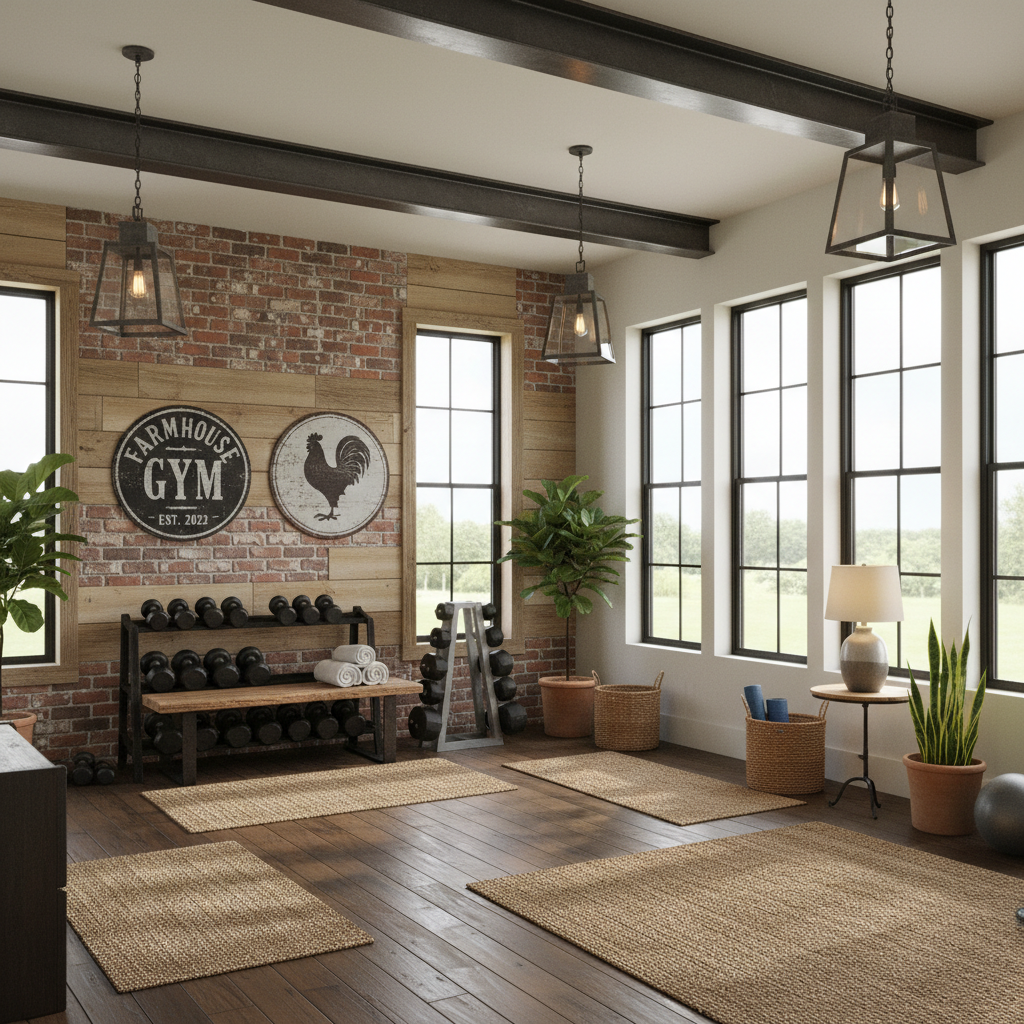 Design a Home Gym with a Modern Farmhouse aesthetic, featuring rustic wooden accents, exposed brick  - Interior design
