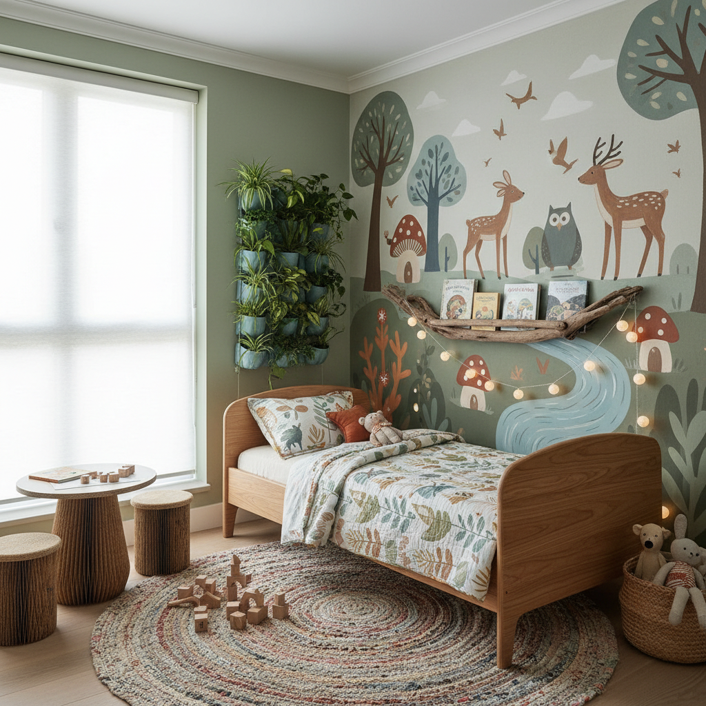 Design a serene and sustainable kids' bedroom that promotes eco-friendly living, featuring a soothin - Eco Friendly design