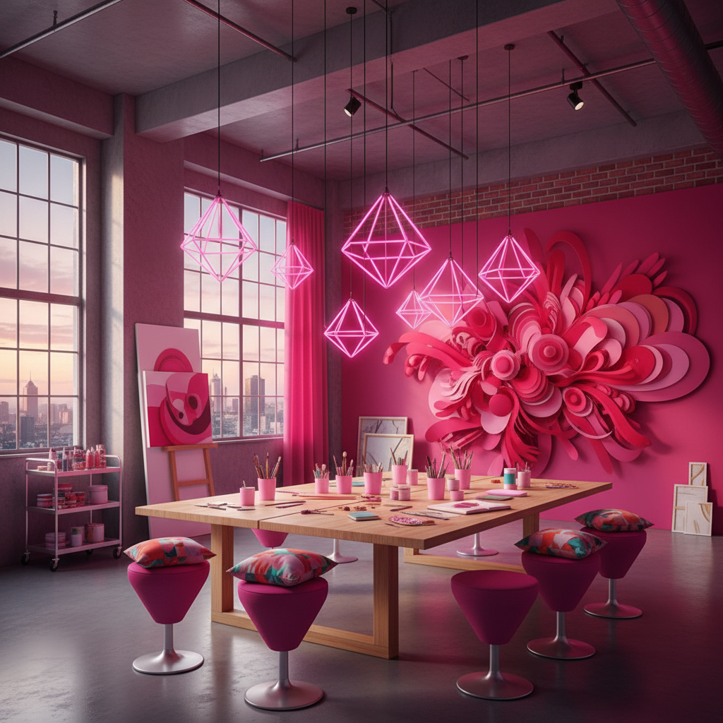 Create a vibrant hot pink Art Studio with a dynamic atmosphere, set against a backdrop of industrial - Interior design