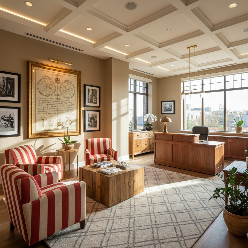 Design a vintage modern medical office with a soothing atmosphere, featuring warm beige and taupe hu - Medical Office design