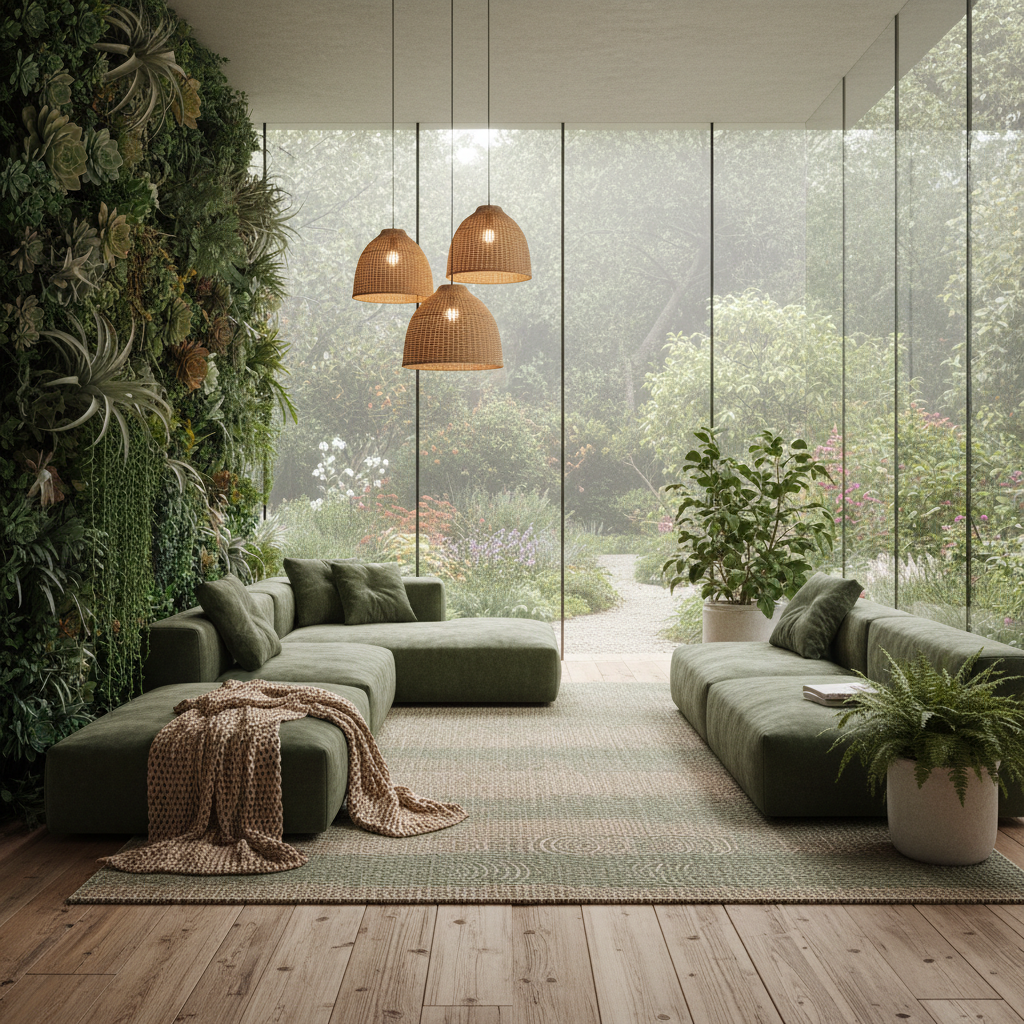 Imagine a serene and natural Living Room with a seamless blend of indoor and outdoor elements. The w - Interior design