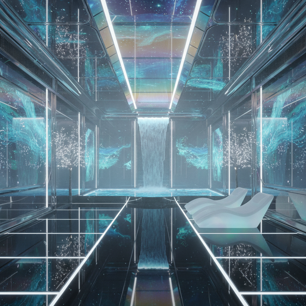 Imagine a serene oasis in a sleek, metallic space, where holographic projections dance across walls  - Futuristic design