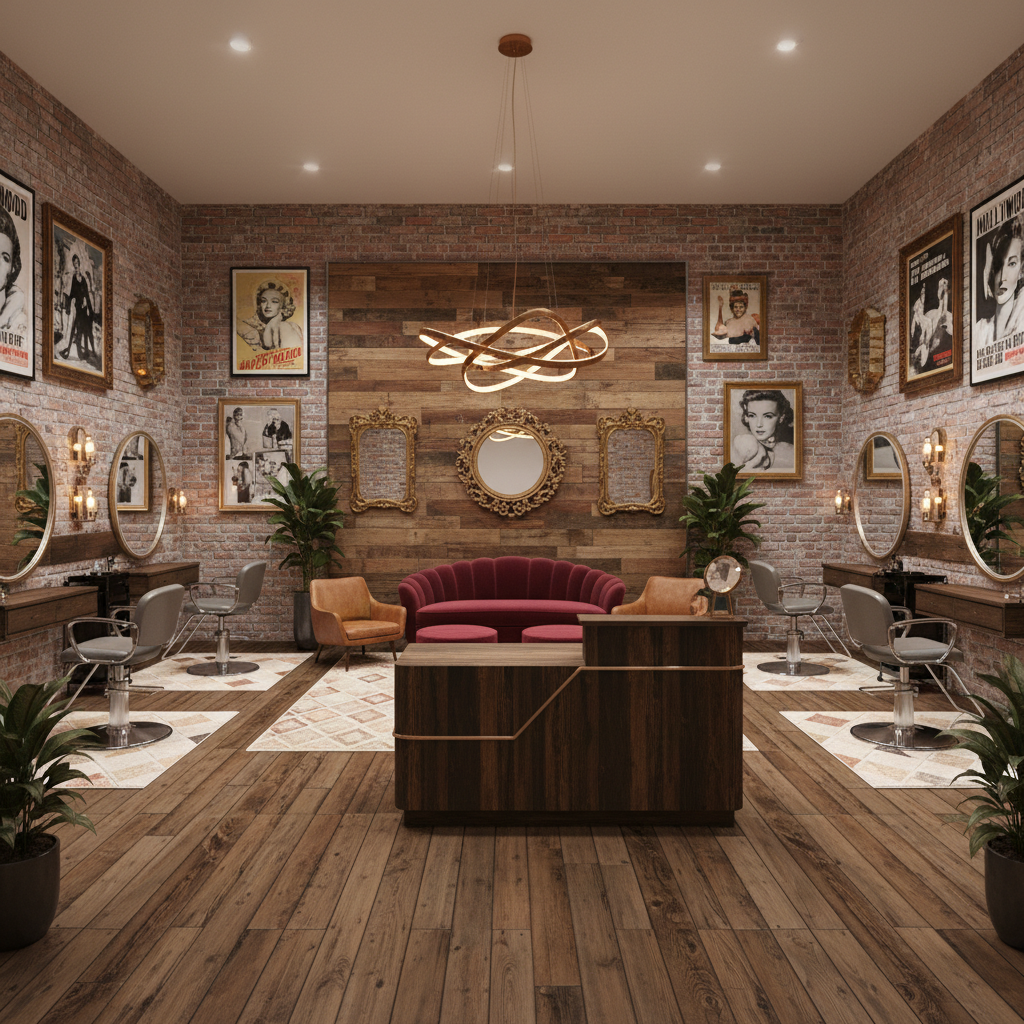 Design a Hair Salon with a Vintage Modern aesthetic, featuring a combination of distressed wood acce - Interior design