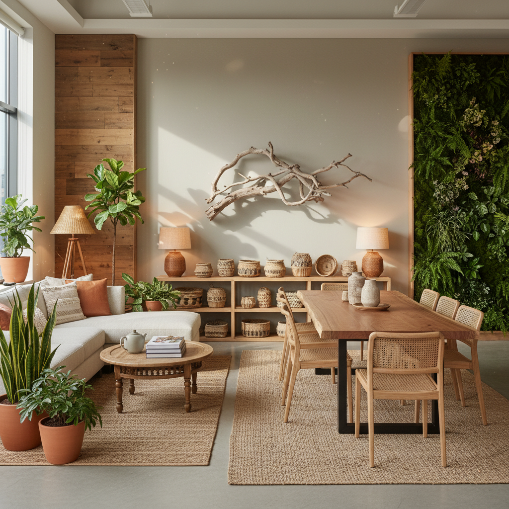 Design a corporate office that exudes Natural Boho Chic style, featuring a calming color palette, lu - Interior design