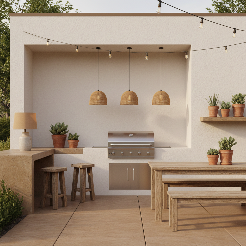 Design a warm and inviting grill area in Warm Minimalism style, featuring rich earthy tones and clea - Interior design