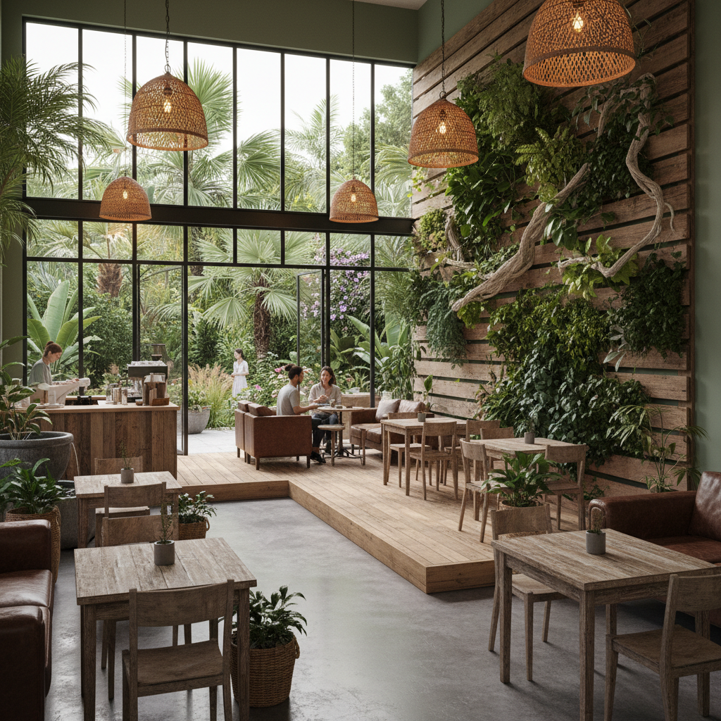 Imagine a cozy coffee shop nestled among lush greenery, where the boundaries between indoors and out - Interior design