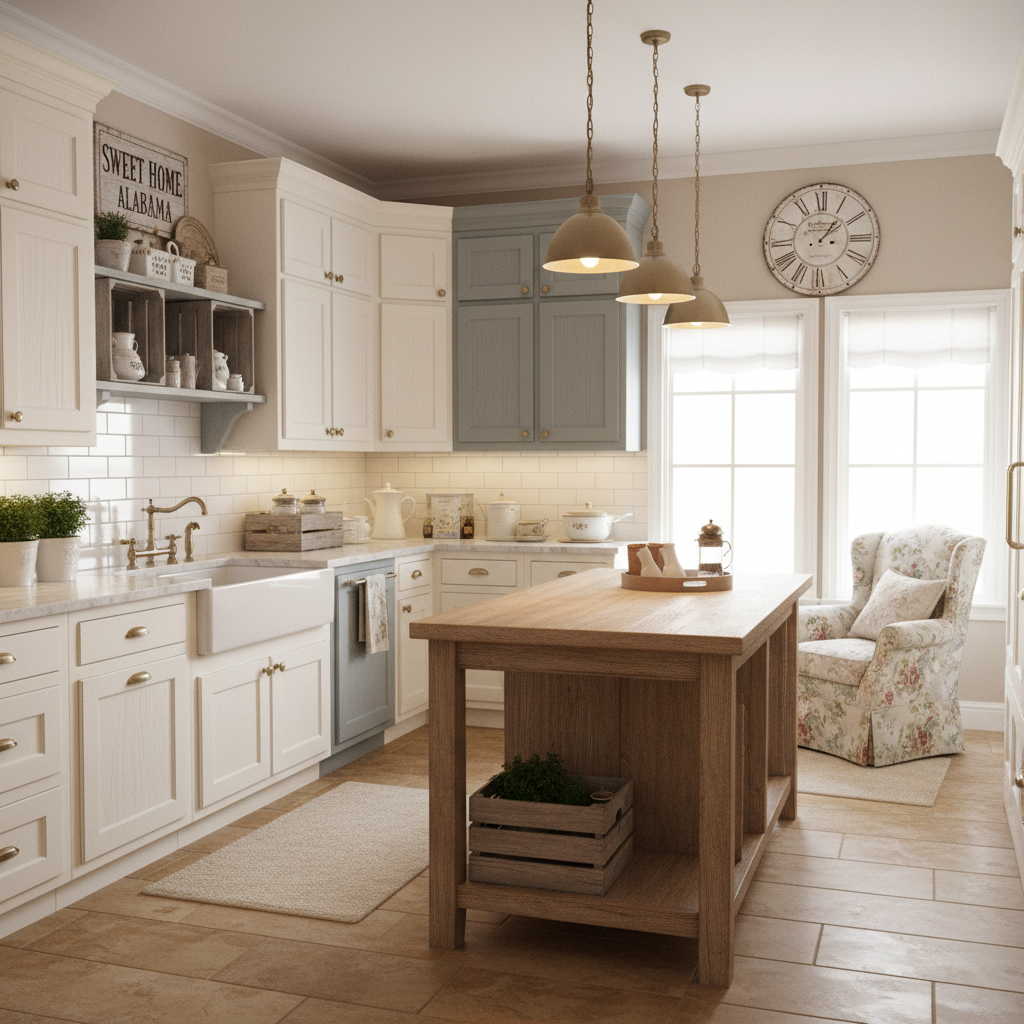 Create a warm and inviting Open Integrated Kitchen in Shabby Chic style, featuring distressed white  - Interior design