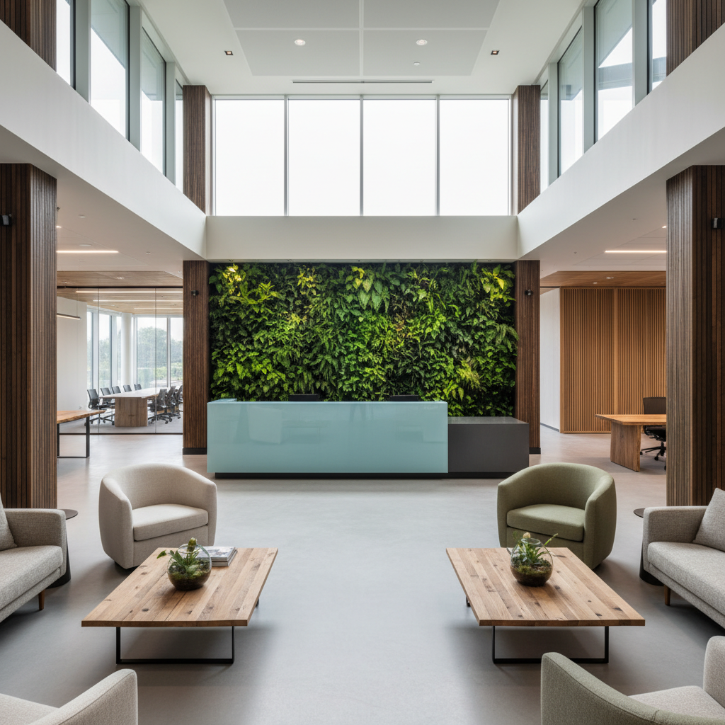 Design a modern corporate office that embodies eco-friendliness, incorporating reclaimed wood accent - Interior design