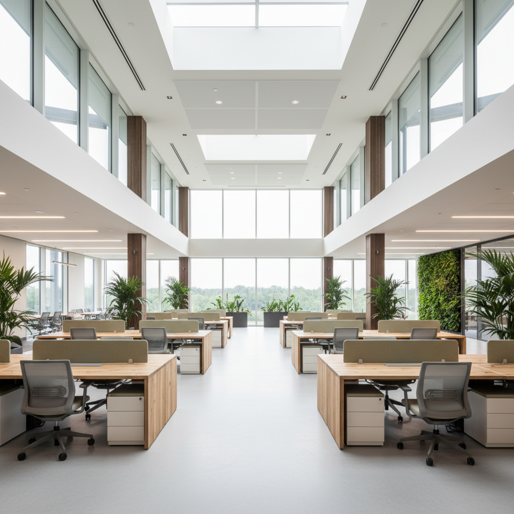 Design a modern corporate office that embodies eco-friendliness, incorporating reclaimed wood accent - Interior design