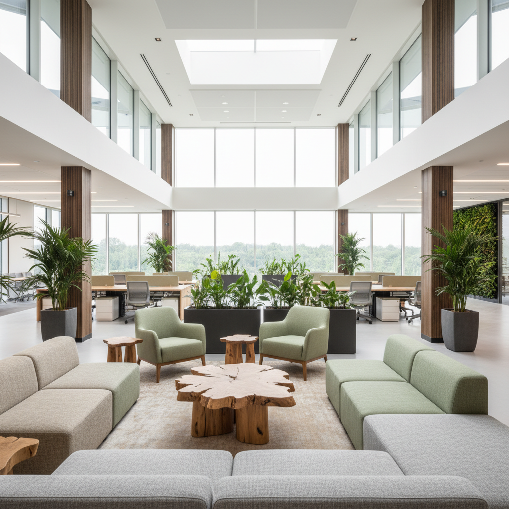 Design a modern corporate office that embodies eco-friendliness, incorporating reclaimed wood accent - Eco Friendly design
