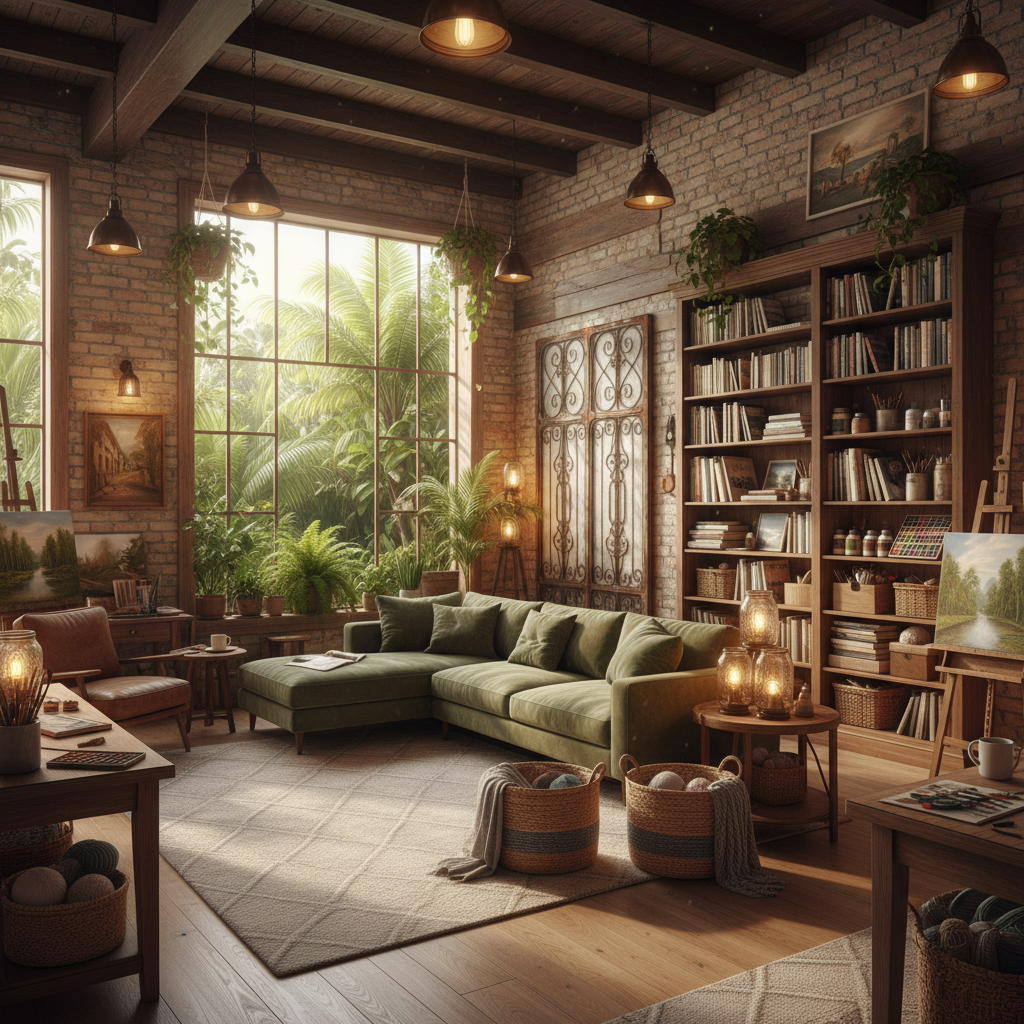 Imagine a warm and inviting art studio, reminiscent of a cozy Airbnb retreat. The space is a convert - Cozy Airbnb design