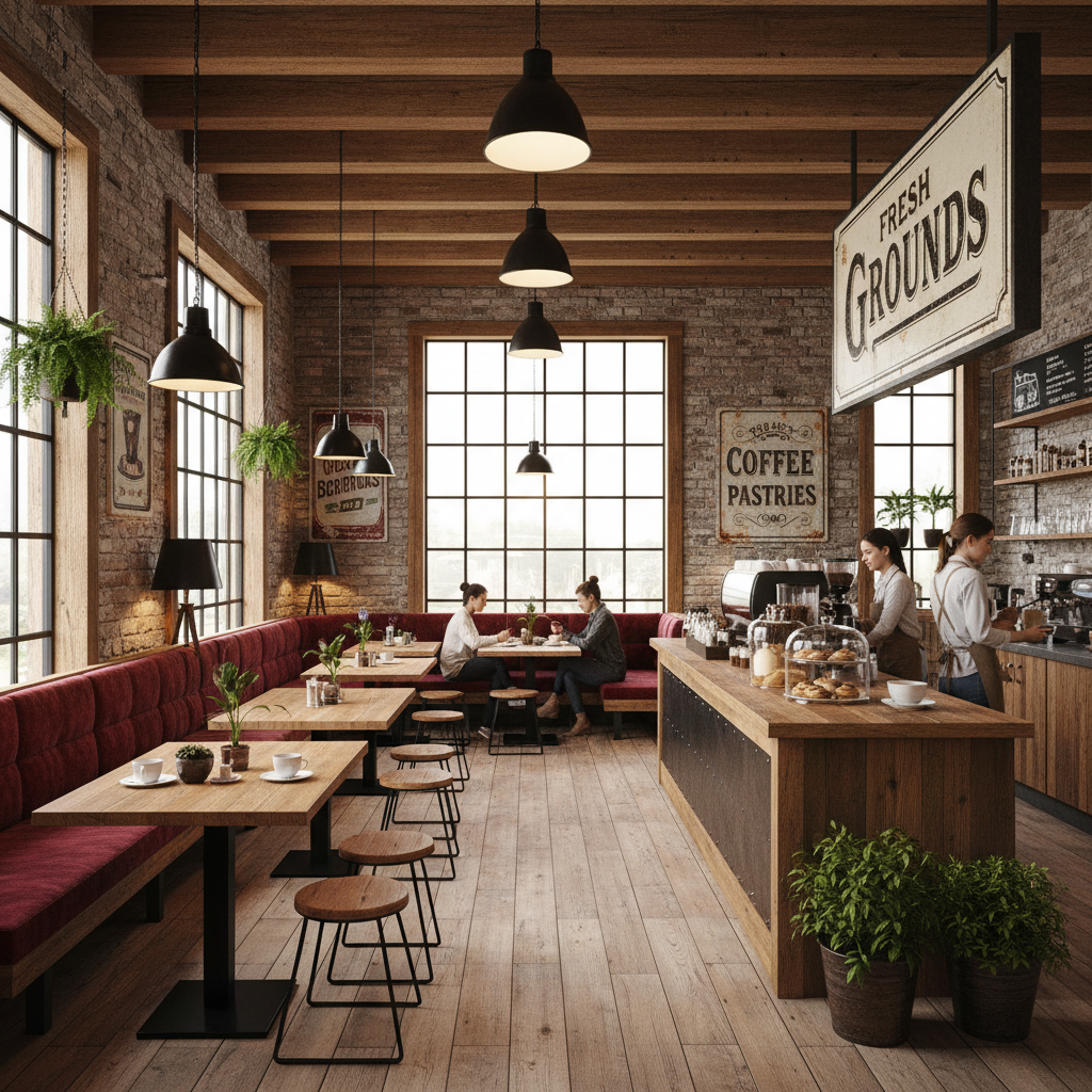Design a cozy Coffee Shop in Modern Farmhouse style, with reclaimed wood accents and industrial meta - Coffee Shop design