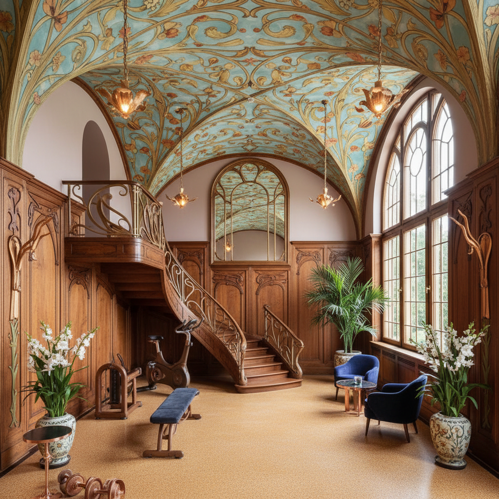 Imagine a Home Gym that embodies the sinuous, organic lines and flowing curves of Art Nouveau, trans - Home Gym design