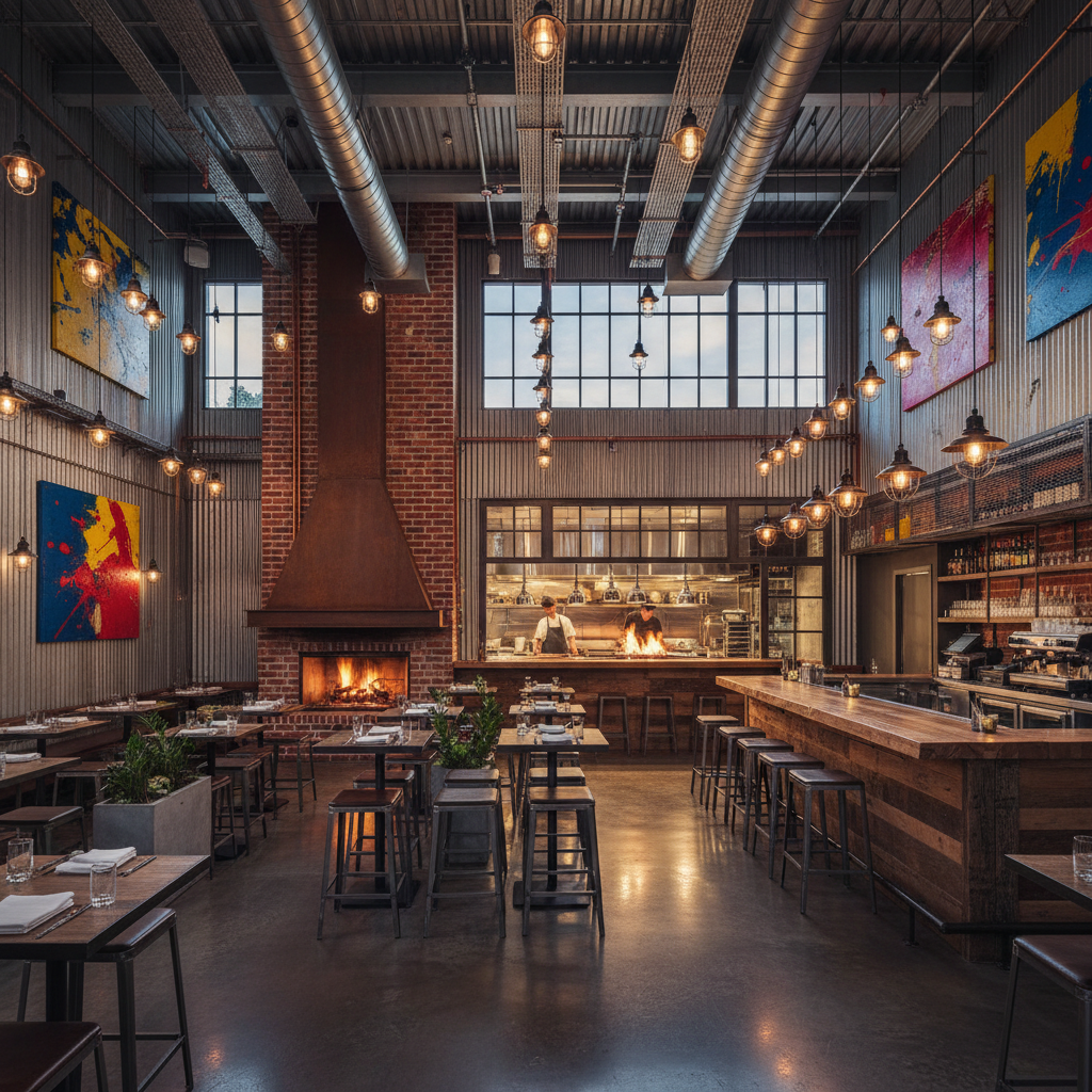 Design a modern industrial-style restaurant with an open kitchen, exposed ductwork, and reclaimed wo - Industrial design