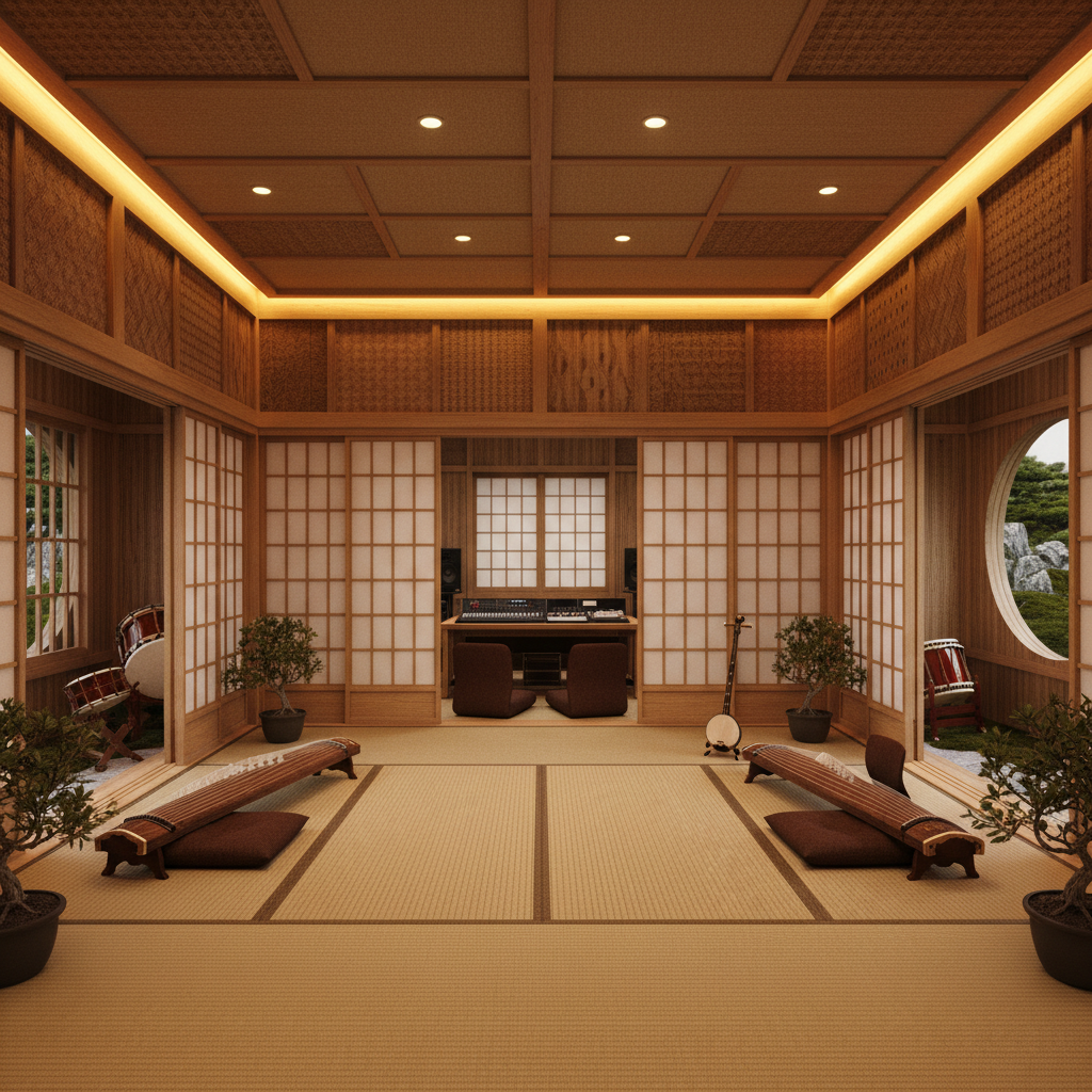 Design a traditional Japanese Recording Studio, inspired by the aesthetic of a Shoin-zukuri residenc - Recording Studio / Streaming design