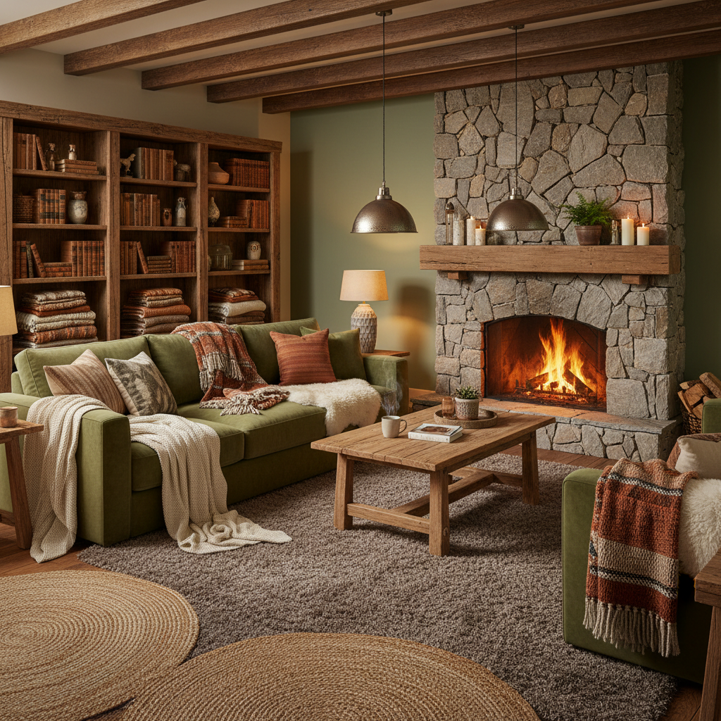 Design a Cozy Living Room with rustic wooden accents, plush throw blankets, and soft golden lighting - Cozy Airbnb design