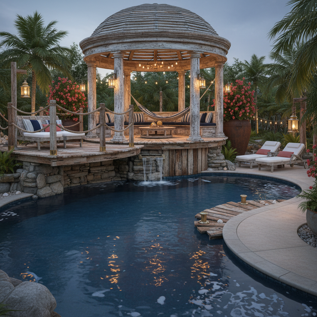 Design a nautical-themed pool area with distressed wood accents and weathered metal details, evoking - Pool design