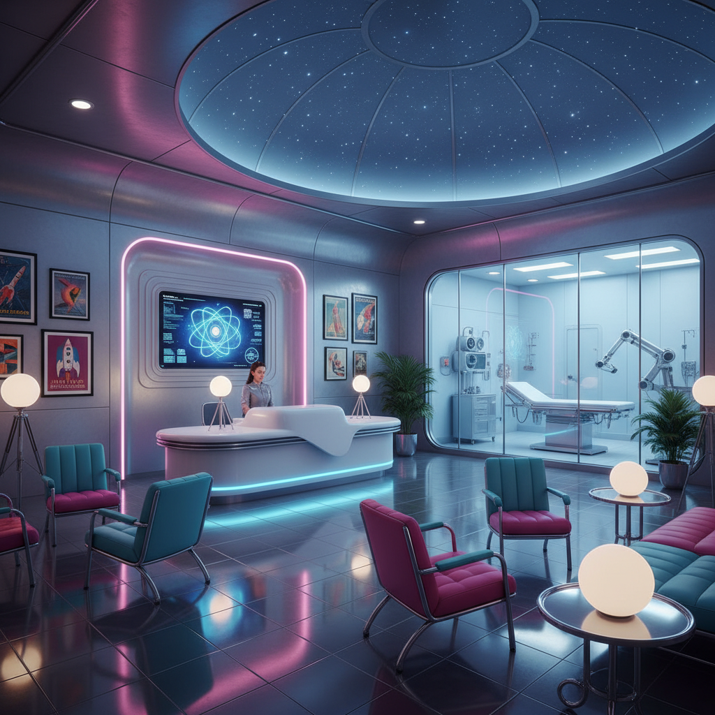 Design a Medical Office in Retro Futuristic style, set in 2026, with a futuristic twist on 1950s and - Retro Futuristic design