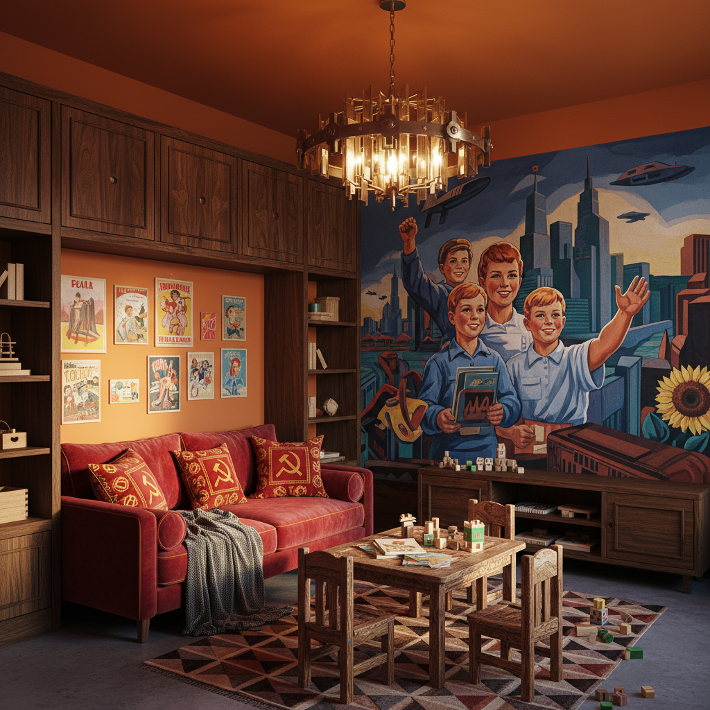 Design a vibrant Playroom in the style of Soviet-era architecture, featuring a bold color palette in - Soviet design