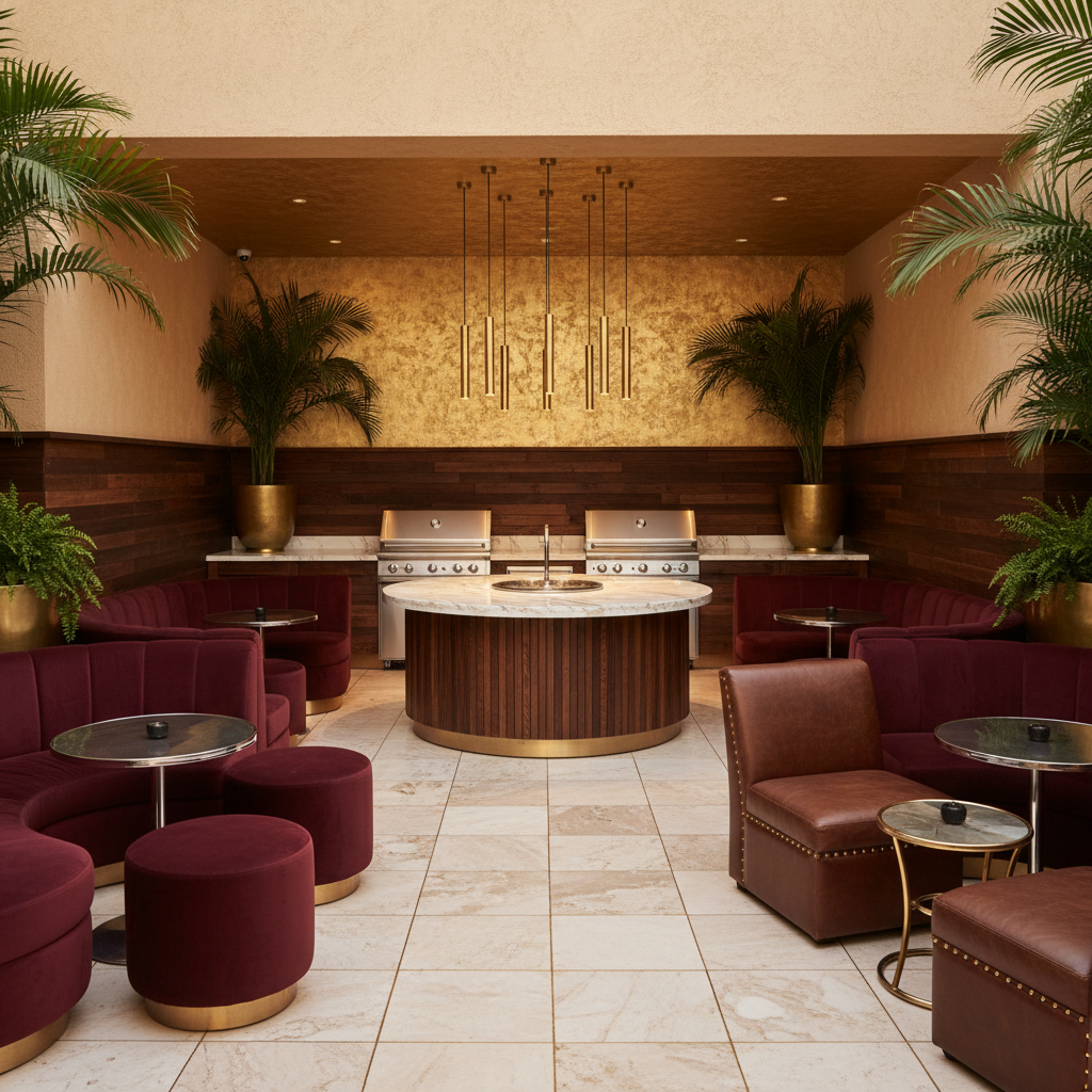 Design a Grill Area in the Hollywood Glam style, set against a warm beige backdrop. Incorporate rich - Grill design