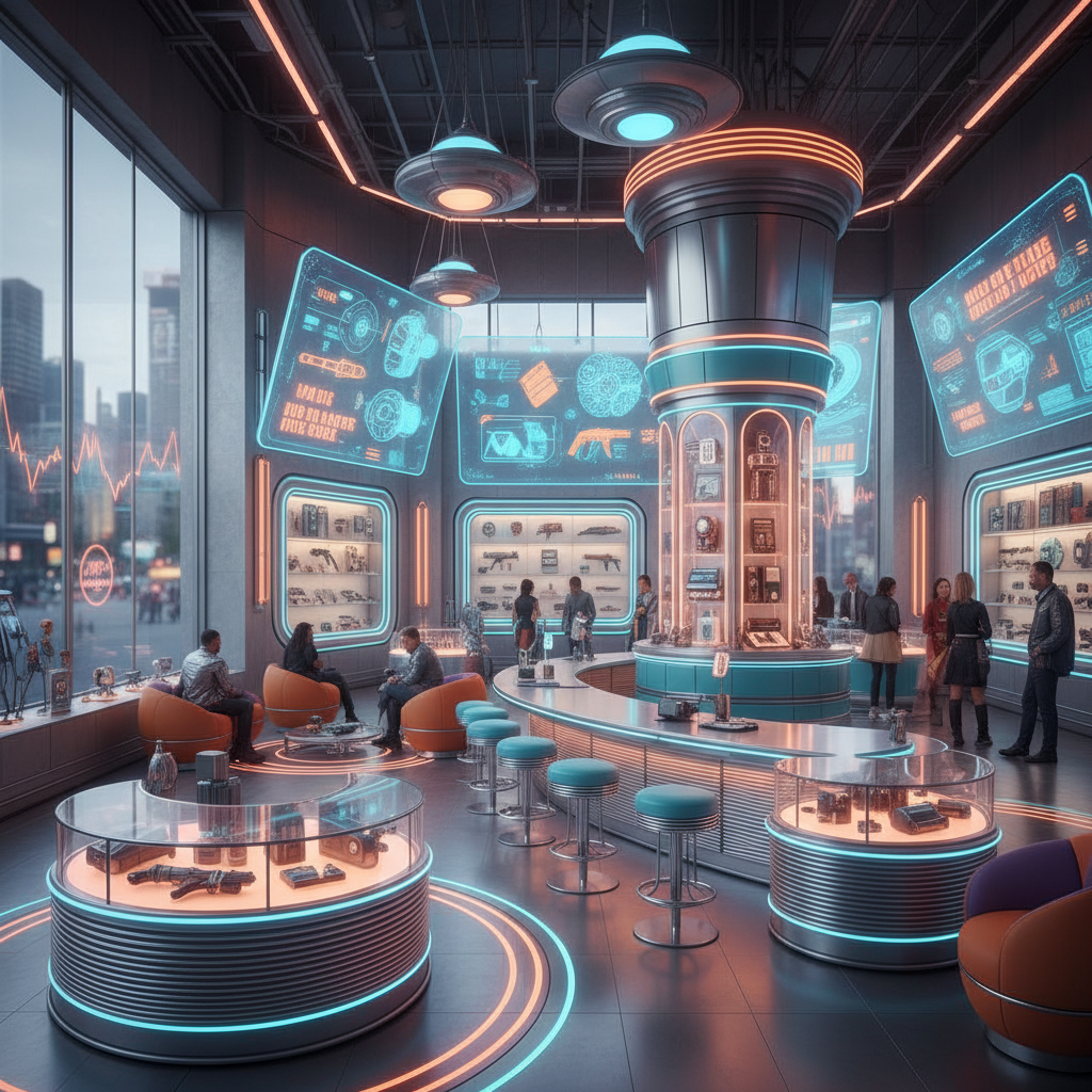 Design a futuristic retail store with a nostalgic retro vibe, where neon lights and vintage sci-fi e - Retro Futuristic design