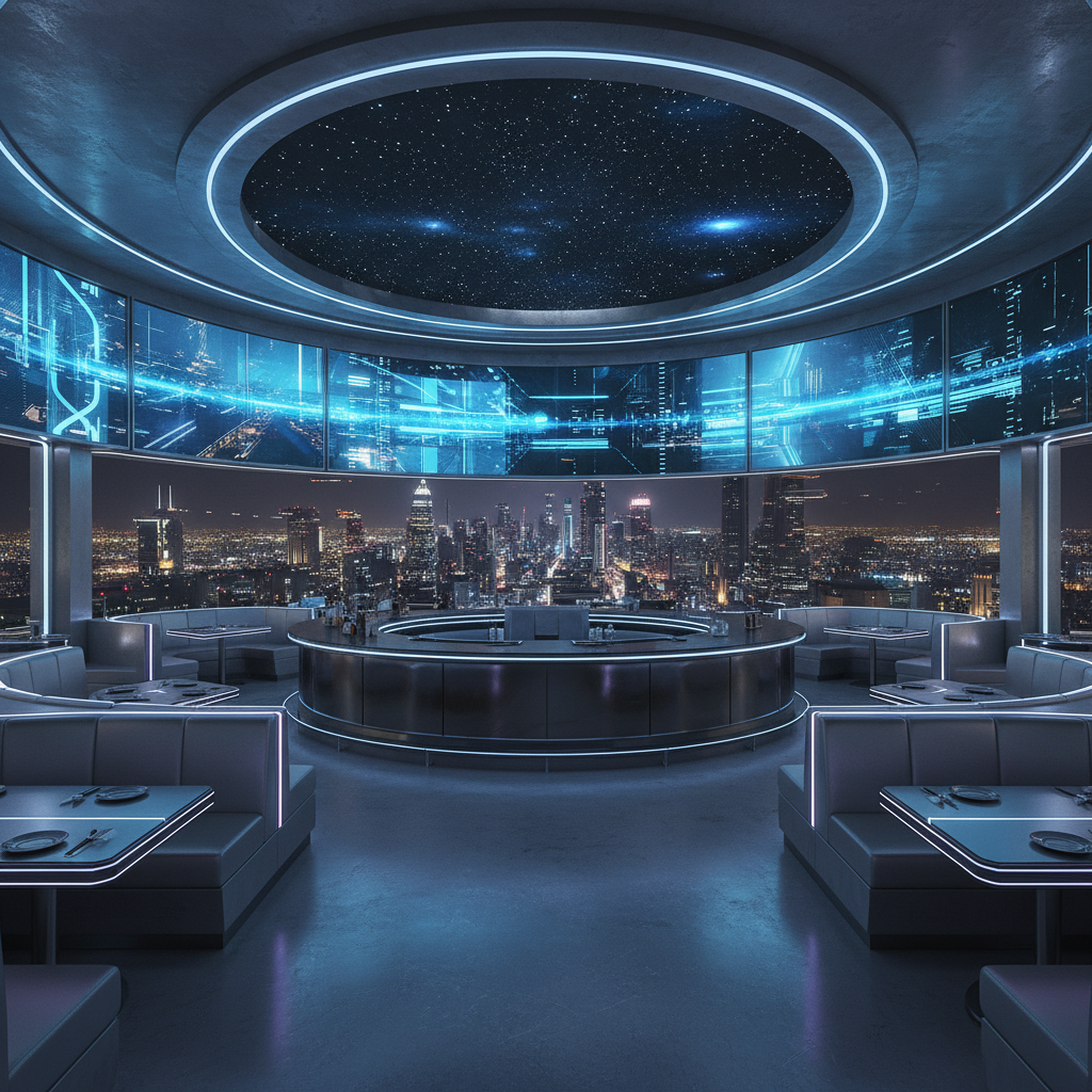 Imagine a futuristic restaurant set in a sleek, metallic sphere, suspended high above a bustling cit - Futuristic design