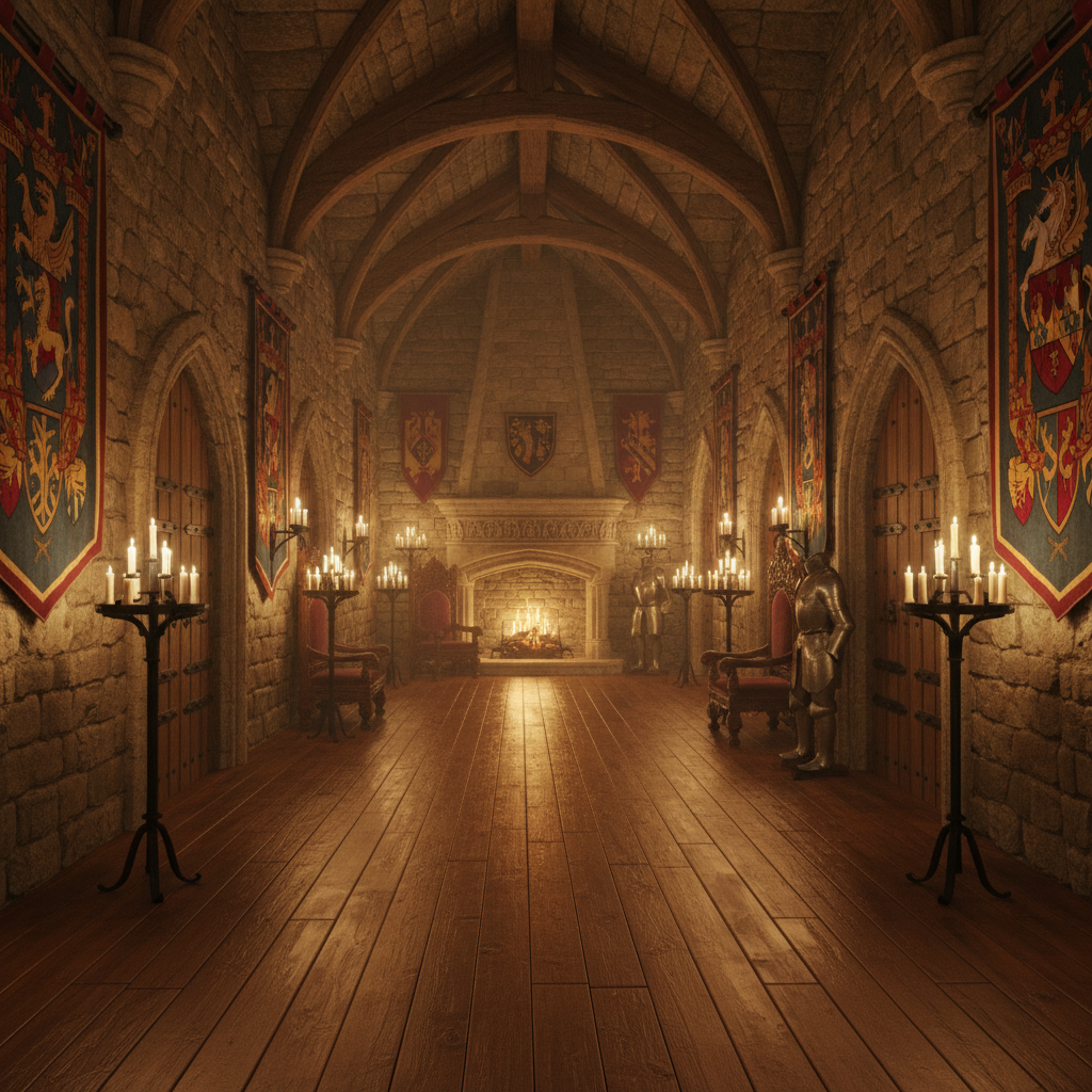 Generate a Medieval-style hallway with rustic stone walls, exposed wooden beams, and a vaulted ceili - Medieval design