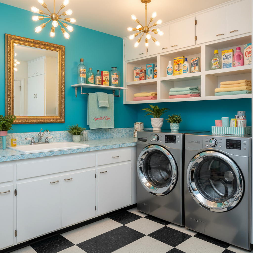 Create a retro-inspired laundry room with a nostalgic vibe, set in a bright and cheerful 1950s-style - Laundry Room design