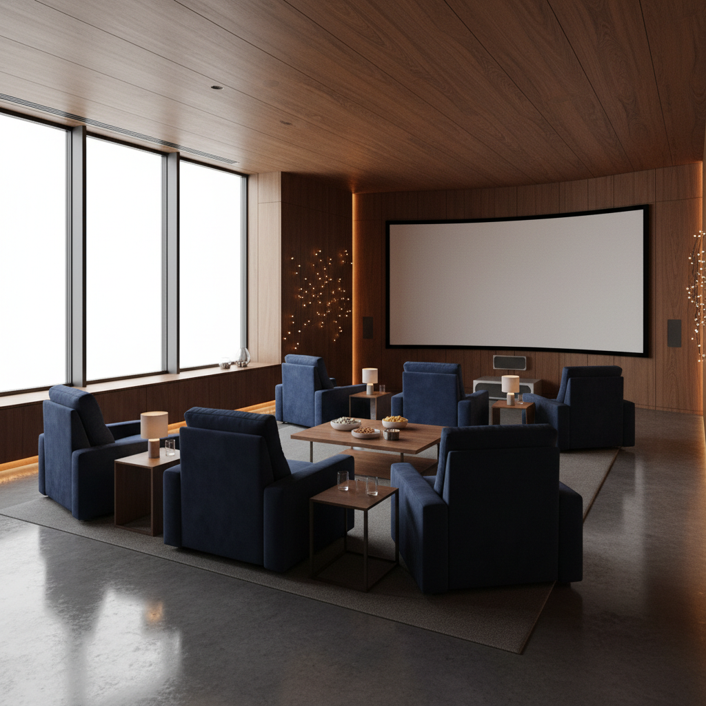 Design a sleek and immersive Modern Contemporary home theater with a focus on cinematic grandeur. Th - Home Theater design