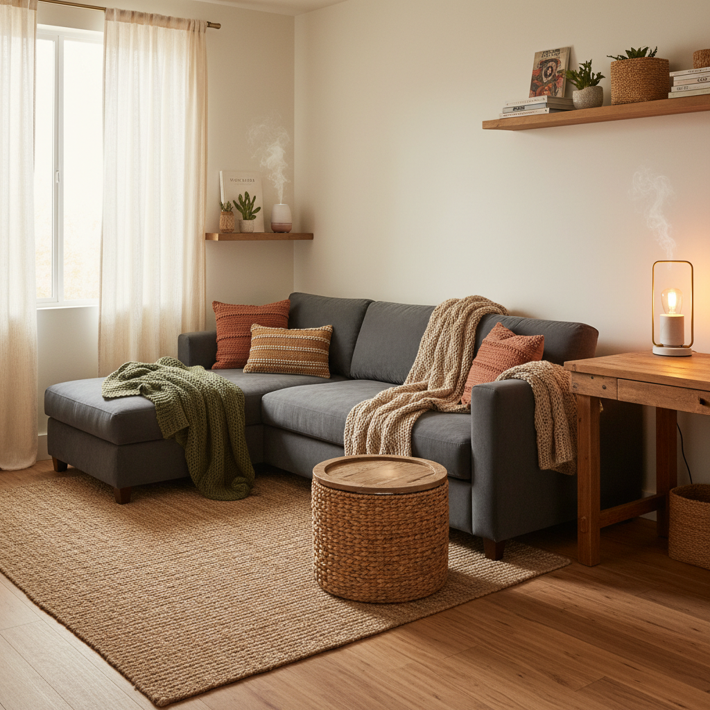 Generate a warm and inviting home office space inspired by Cozy Airbnb listings, featuring a plush s - Cozy Airbnb design