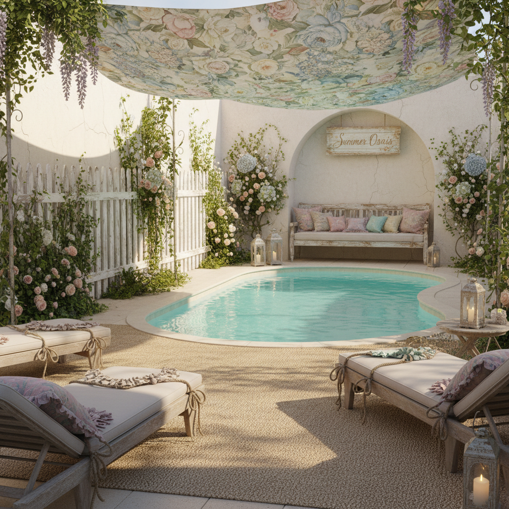 Create a whimsical pool area with a Shabby Chic aesthetic, featuring distressed white picket fencing - Shabby Chic design