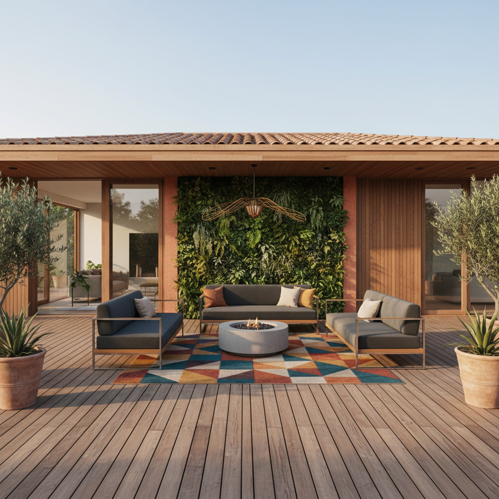 Create a sleek and modern contemporary mid-century style terrace with a large wooden deck, cantileve - Current Mid-Century design