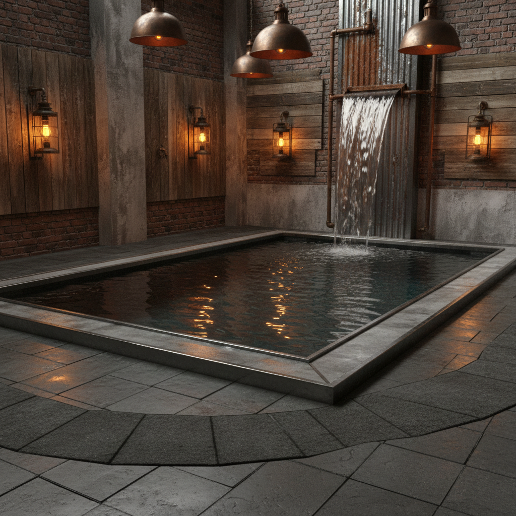 Design an Industrial-style Pool Area with a metallic sheen, where reclaimed wood accents and exposed - Industrial design