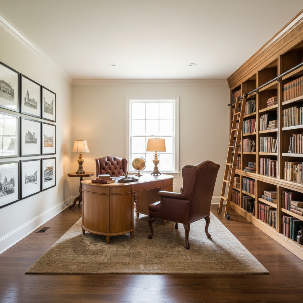 Design a Home Office in Updated Classic style, featuring a rich and timeless aesthetic. The space is - Office / Home Office design