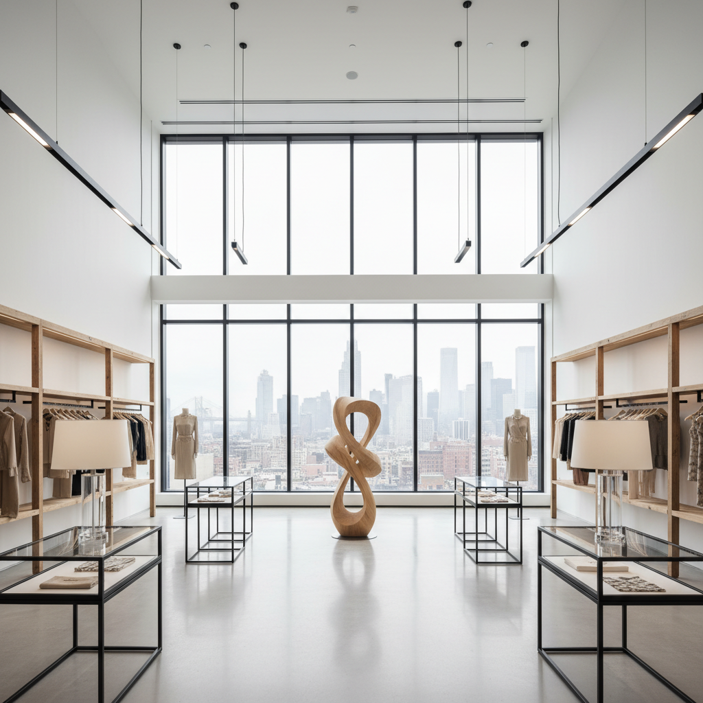 Design a sleek and modern retail store with a contemporary aesthetic, featuring a neutral color pale - Modern Contemporary design
