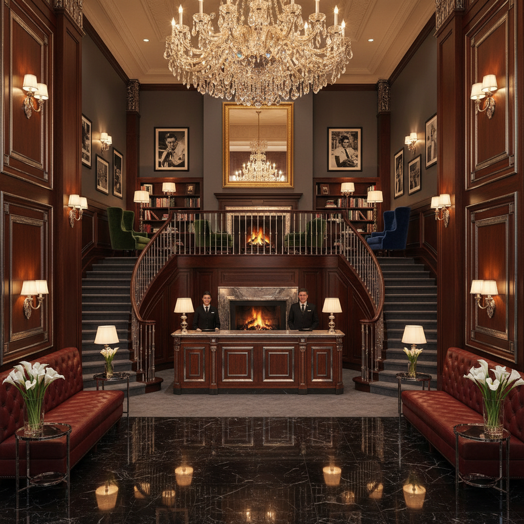 Design a corporate office in the style of old Hollywood glamour, reminiscent of the 1930s and 1940s. - Hollywood Glam design