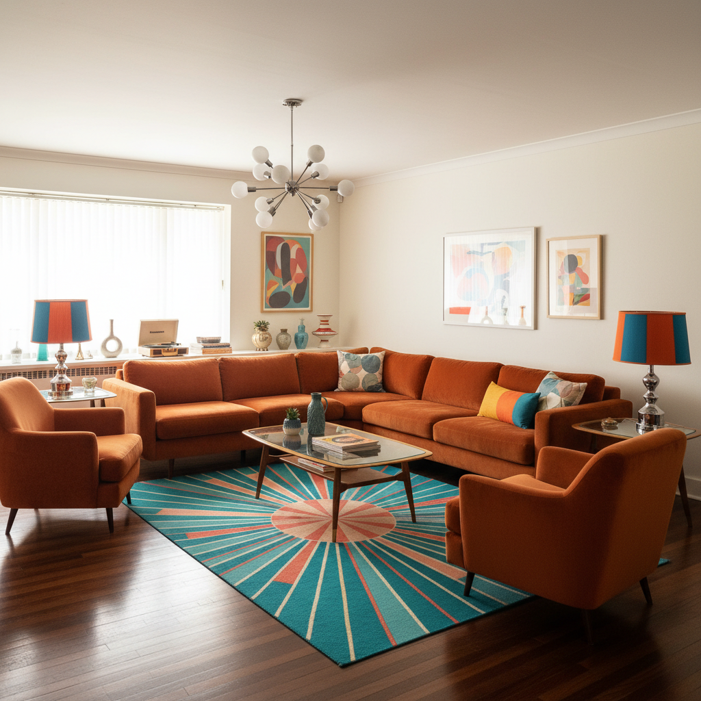 Design a Main Living Room in Retro style, inspired by the 1950s and 60s. The space features a rich,  - Main Living Room design