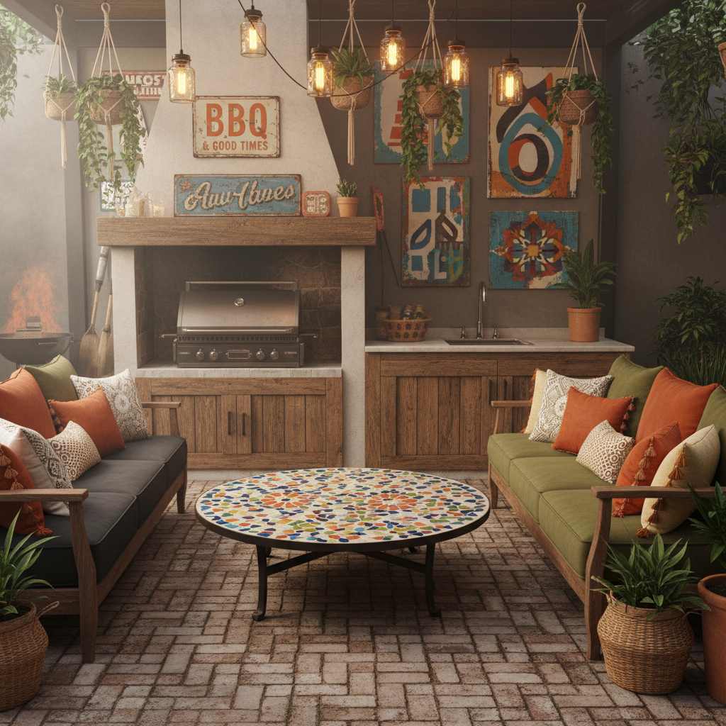Design a cozy barbecue area with a balanced eclectic style, blending vintage and modern elements. Th - Balanced Eclectic design