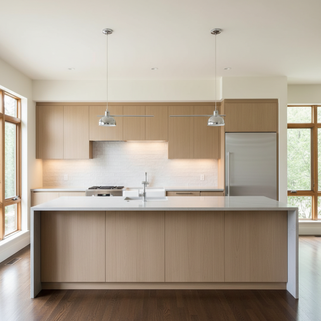 Design a sleek and sophisticated Modern Contemporary kitchen with a 12-foot-long island as its cente - Interior design