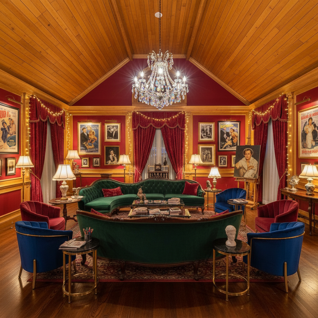 Design a Creative Workshop inspired by the iconic Hollywood Glam era, with a rich, luxurious atmosph - Hollywood Glam design