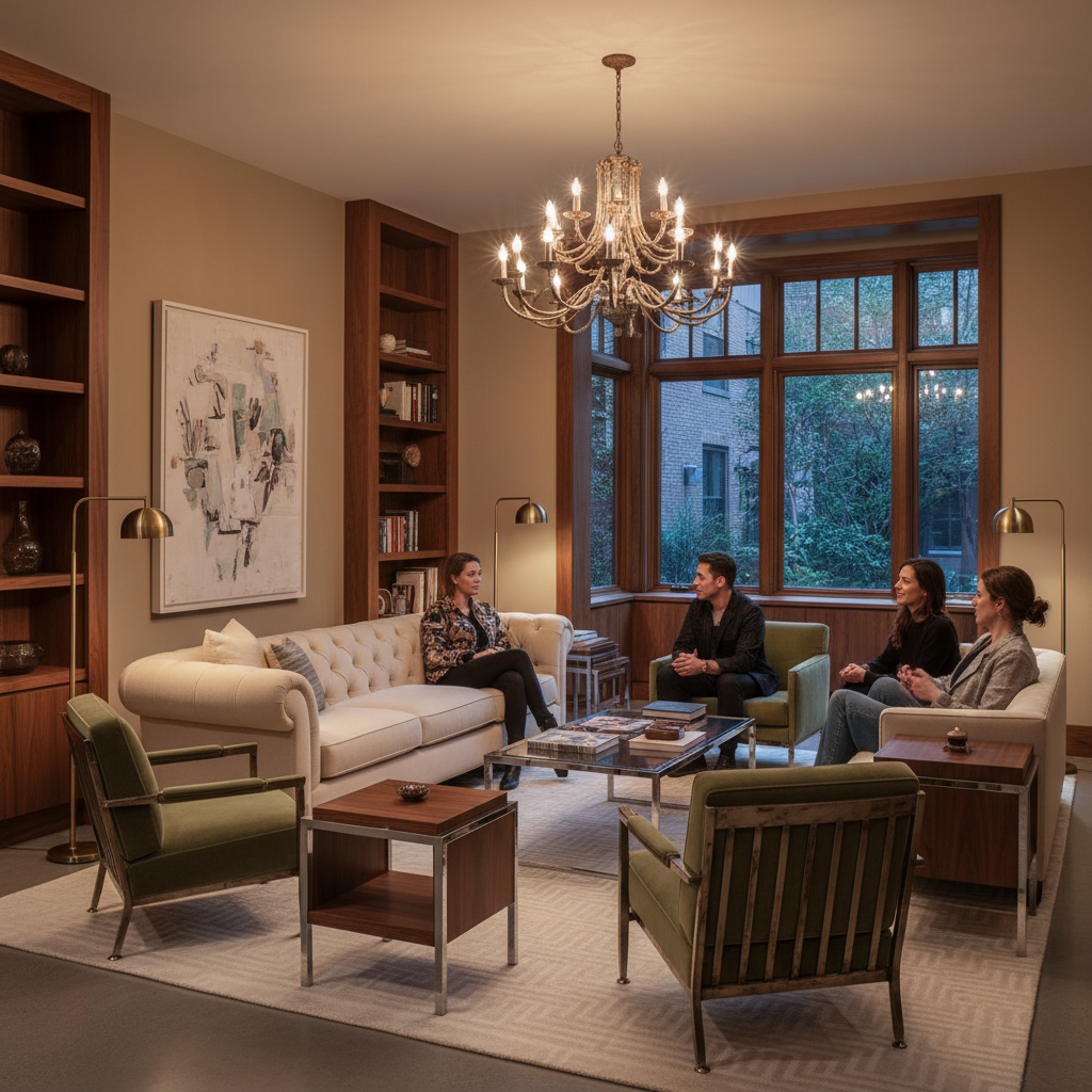 Create a Main Living Room in a Vintage Modern style, with a neutral color palette featuring warm bei - Main Living Room design