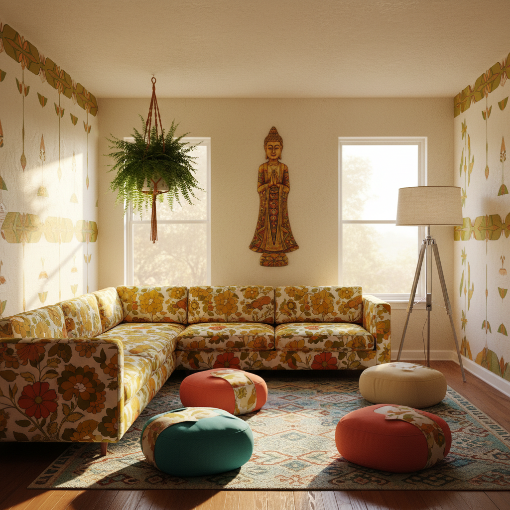 Create a meditation room with a retro aesthetic, reminiscent of the 1960s and 1970s. The space featu - Retro design