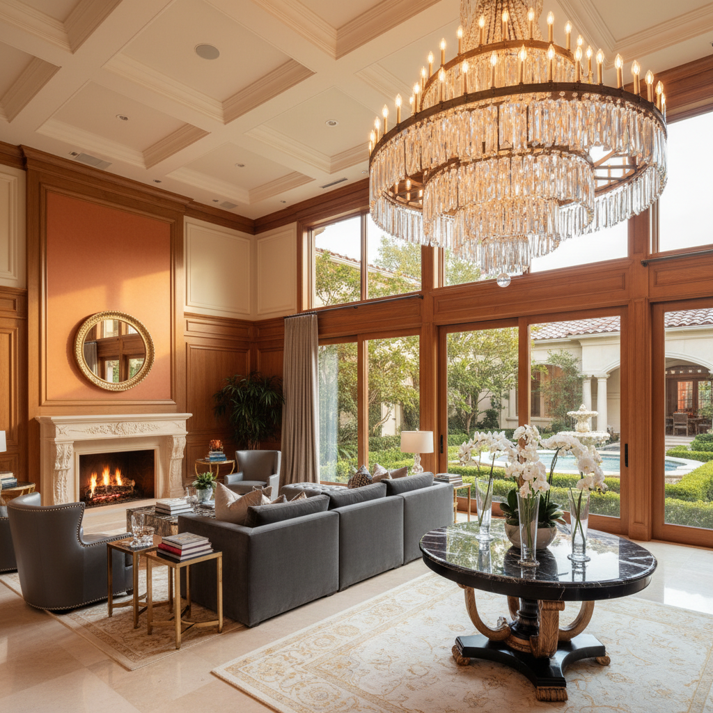 Design a luxurious main living room with a grand foyer, featuring cream-colored walls, rich walnut p - Main Living Room design