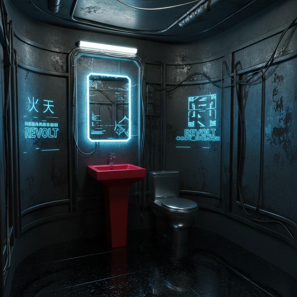 Design a sleek and edgy powder room in a dystopian cyberpunk style, inspired by the dark alleys of N - Interior design
