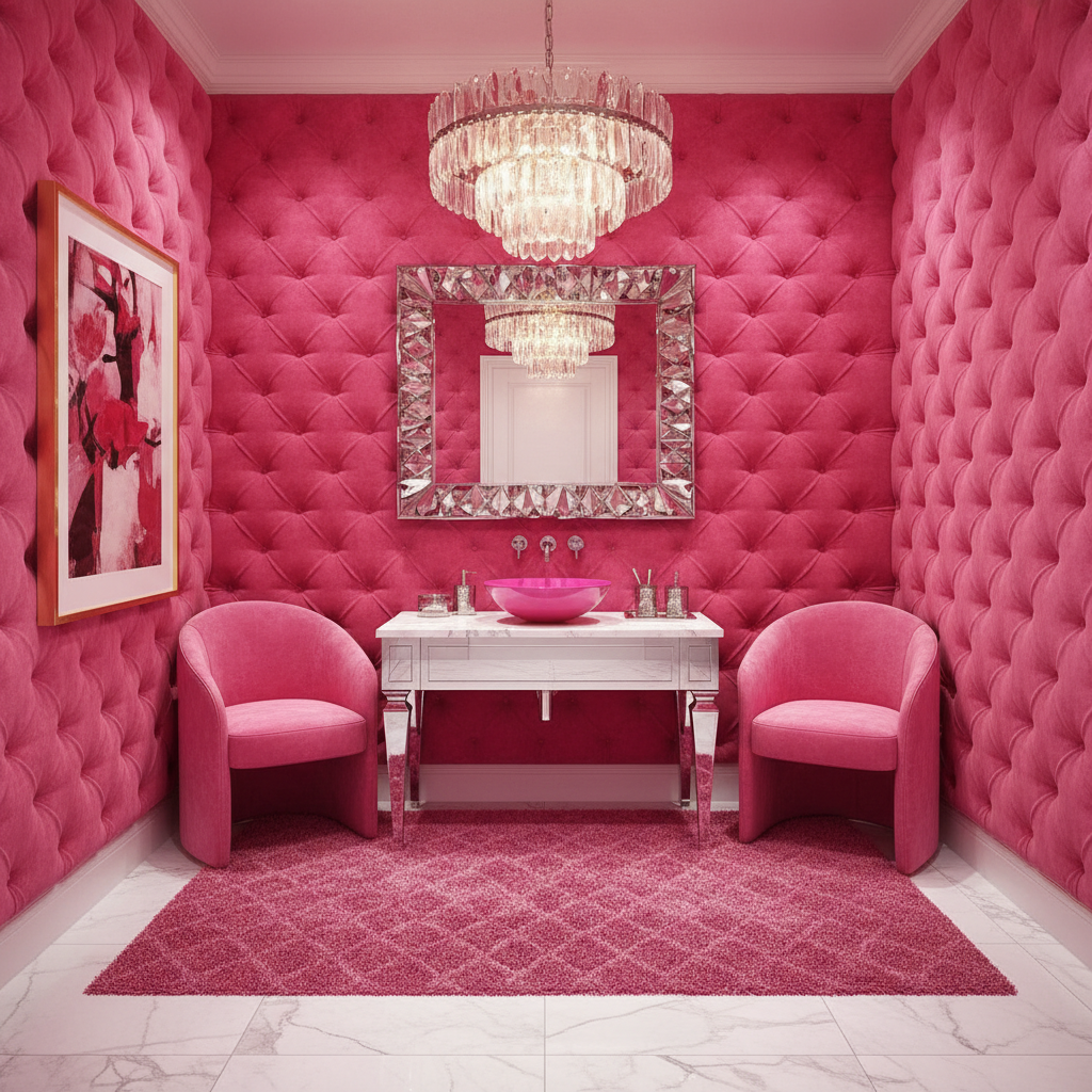 Design a hot pink powder room with a glamorous, over-the-top aesthetic. The space features a bright  - Interior design