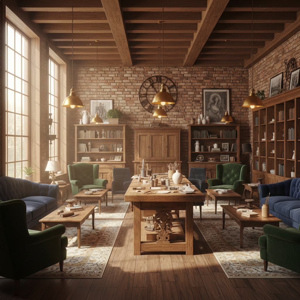 Create a Creative Workshop in an Updated Classic style, characterized by rich wood tones, elegant li - Interior design